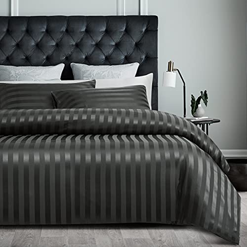 Damier Sängkläder i satin 220 x 240 cm grå randiga sängkläder set 3 delar enfärgad hög kvalitet sidenlen glänsande påslakan med dold dragkedja och 2 örngott 80 × 80 cm