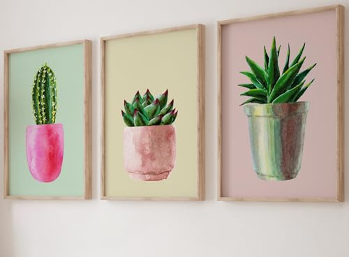 Eviepops Prints Colourful Cactus Pot Plants Set of 3 Unframed Wall Art Prints, Succulent Plant Decor, Living Room Bedroom Poster Home Decor, Pastel Background (A3)
