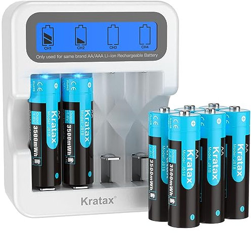 Kratax 8-Pack AA Rechargeable Batteries with LCD Charger, 3500 mWh High Capacity 1.5V Lithium AA Battery, Max 3A Current,1600 Long Cycles - Home&Office Use|Blink Camera|VR/Xbox GamingPad|RC Car,etc.
