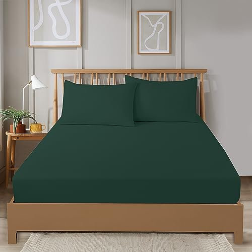 Olivia Rocco Super Soft Plain Dye Fitted Sheets Bedding BedSheets Durable Easy Care Thermal Warm Cosy Bed Linen Luxurious Comfort and Long Lasting Quality 30cm Deep, DOUBLE EMERALD GREEN