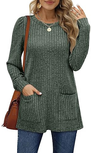 Aokosor Long Sleeve Tops Women Lightweight Jumpers Ladies Sweatshirts with Pockets Green Christmas Size 18-20