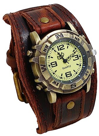 Silverora Herrenuhr Leder Herren Uhr: Steampunk Analog Quarz Armbanduhr Gotik Verstellbar Echt Lederarmband Uhren mit breite Manschetten Halloween Zubehör Geschenke für Männer Jungen Dunkelbraun