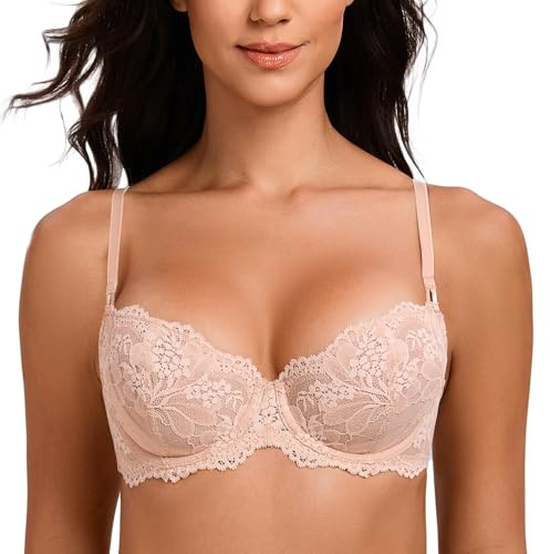 MELENECA Sujetador Balconette para Mujer Encaje Sexy Push Up Tallas Grandes Transparente con Aros y Sin Forro Beige 110D