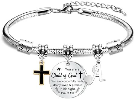 HEYEJET Christening Gift Bracelets for Women with 26 Letters Baptism Present Cross Bracelet Gift for Godmother Godchildren Original Pendant Jewellery for Girls Confirmation First Communion Gifts (A)