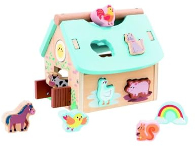 adam toys Lelin – motorikkub från 1 år – träleksak för barn – fästhus bondgård med djur, med avtagbart tak och rörliga element – barnleksaker från 1 år, sensoriska leksaker