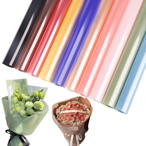 Helweet Cellophanfolie, Geschenkpapier, 40 Stück, 10 Farben, 58 x 58 cm, Transparent, Wasserdicht, Staubdicht, Reißfest, Geeignet für Blumen, Obstkörbe, Kekse, Snacks und Kunsthandwerk