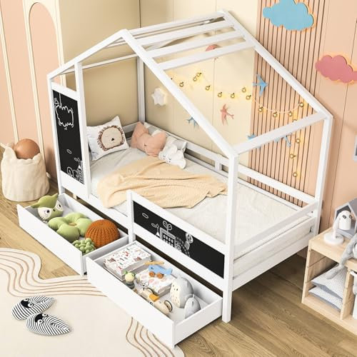 jeerbly Kinderbett 90x200 cm, Hausbett Kinder mit 2 Schubladen, 2 Tafel, Rausfallschutz und Rolllattenrost, Montessori Bett Bodenbett aus Kiefer, Mädchen Jugendbett Einzelbett Weiß