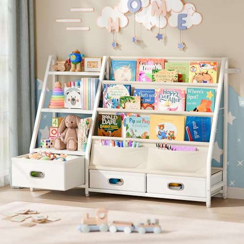 POZILAN Kids Bookshelf with Storage - 3 Tier Toddler Book Shelf for Kids Rooms, Children Baby Bookshelf with 3 Drawers, Kid Bookcase Organizer Nursery Book Shelves for Playroom Bedroom