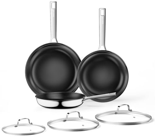 Innerwell Titan Keramik Pfannenset 3-teilig 20+24+28 cm aus Edelstahl mit Deckel, Induktion Pfannen, Edelstahl Pfanne mit Antihaftbeschichtung, Backofenfest, PFOA-frei, für alle Herdarten, Schwarz