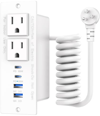 65W Furniture Drawer Outlet Kit, Recessed Outlet with 4 USB Ports & 2 AC Outlets, Recessed Power Strip for Home, Office,14 AWG-6FT Spring Cord