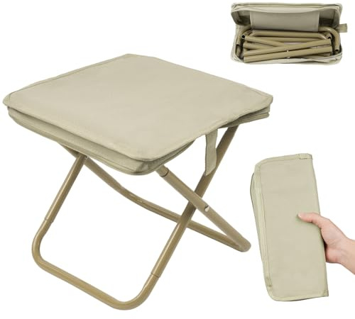 OFFCUP Folding Stool, Mini Outdoor Camping Stool, Portable Small Foldable Lightweight Hunting Seat with Zippered Carrying Bag, Folding Slacker Chairs for Fishing Travelling Picnics (Khaki)