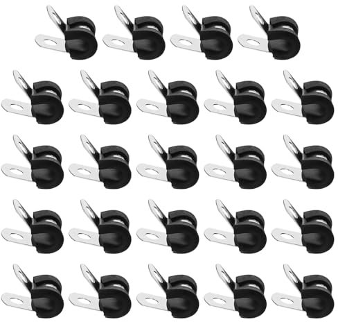 QUARKZMAN 24pcs 6mm (1/4) Colliers de serrage, Collier en acier inoxydable 304 avec revêtement en caoutchouc isolant, Collier en forme de R pour tuyaux, câbles et conduites, Noir