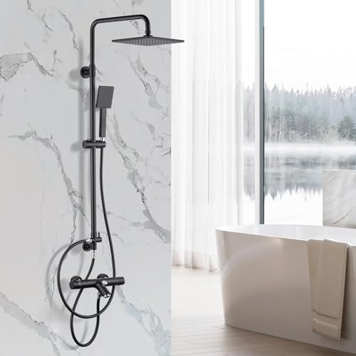 ARCORA Sistema de ducha termostático negro – Grifo de ducha completo con ducha de lluvia cuadrada de 23 cm, temperatura constante del agua de 38 °C, ducha de mano con 2 tipos de chorro y grifo de