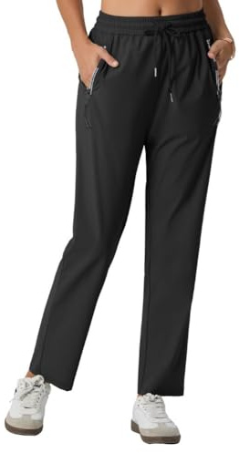 PrinStory Walking Trousers for Women Lightweight Quick Dry Waterproof Trousers Joggers Hiking Pants with Zipper Pockets (Black, M)