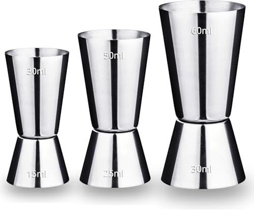 Cocktail Messbecher Set - 3er Pack, Dual Spirit Measure Cup - Cocktail Messbecher - Edelstahl Barmaß für perfekte Cocktails - Präzise Skala für Bars und Zuhause (30/60 ml & 25/50 ml & 15/30 ml Set)