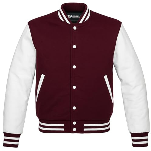 EK ESTEK SPORTS Letterman Baseball School College Varsity Bomber Jacket in Wool Blend & Real Cowhide Leather Sleeves