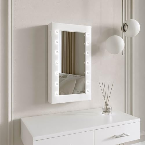 FABS Katie - Armadietto portagioie da parete a LED con specchio, organizer illuminato per camera da letto e toeletta (bianco)