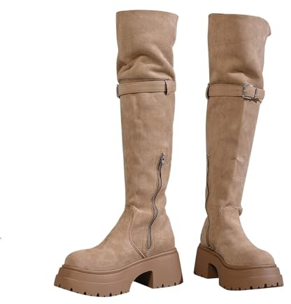 Stivali alti da donna con plateau piatto, con cerniera laterale, con cerniera laterale, stivali alti e gambali lunghi, casual, da ufficio, cachi, 39.5 EU