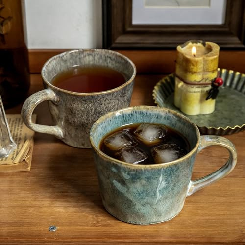 FARYODI Juego de 2 tazas de café de 350 ml, tazas de cerámica con asa, taza de té retro, apta para lavavajillas y microondas, para café, latte, té