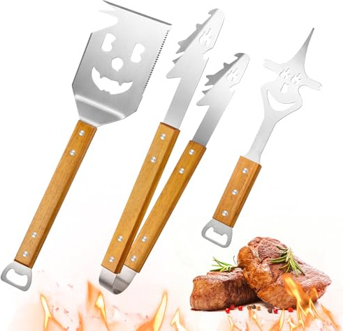Grillbestick-set rostfritt stål 3 delar, grilltång med trähandtag personlig, köttgaffel och grillspade med hängande öglor, extra långa grilltillbehör, campingprylar för camping
