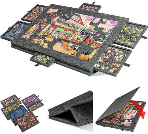 Mesa para Puzzle,Mesa de Rompecabezas 2 en 1 inclinable,Equipada con 6 cajones y bandejas - Puede Contener 1000 Piezas de Rompecabezas,Tablero de Rompecabezas de Fieltro Ligero,para Juegos,Regalo