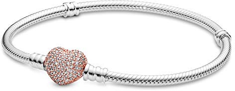 PANDORA Moments Women's 14k Rose Gold-Plated and Sterling Silver Pavé Heart Clasp Cubic Zirconia Snake Chain Bracelet for Charms, Size 17, No Box
