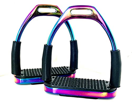 EXTREME Flexibler Sicherheits-Steigbügel in Regenbogen-Optik, biegsam, aus Stahl, mit Laufflächen, 10,2 cm und 12,1 cm