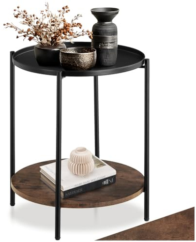 tectake® Tavolino Salotto Tondo 45,5x54,5cm, Tavolino da Divano o Comodino Stretto, Ripiano Vassoio, Soggiorno, Casa, Ufficio per Libri, Lampade, Computer Portatile, Bevande - Legno Industriale Scuro