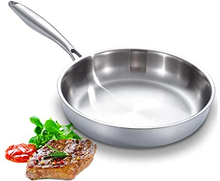 DELARLO Full Clad Tri-Ply Stainless Steel Frying Pan 10 inch, All Stove Compatible Up to 600℉, Heavy Duty, Oven Safe Skillet, 18/10 Cooking Pan, Chef's Pan for Kitchen, Omelette Pan, Flat Bottom