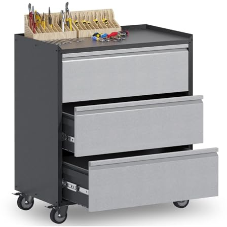 Waqiv 3 Drawer Rolling Garage Storage Cabinet, Small Metal Tool Cabinet with Drawer, Tool Chest & Cabinet for Workshop, Garden, Home, Office, Assembly Required, Black/Gray