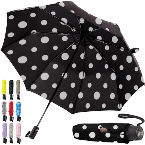 GORILLA GRIP Strong Windproof Stick Compact Umbrella for Rain, One-Click Automatic Open and Close, Durable Quick Dry Waterproof Material, Lightweight and Portable, Travel Size Fits Backpack Polka Dots