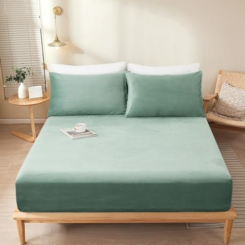 Sedefen Warme Spannbettlaken 140x200cm Hellgrün Grün Winter Flannell Bettlaken Plüsch Flauschige Cashmere Touch Boxspringbett Spannbetttuch für 25 bis 30cm Matraze