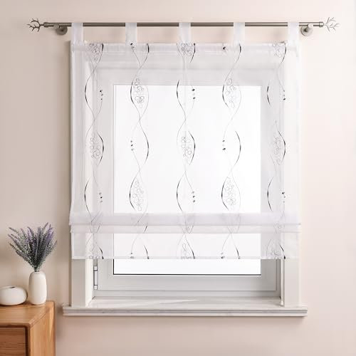 Joyswahl Voile Raffrollo mit Schlaufen Weiß Raffgardinen Wohnzimmer Fenster Vorhänge Bestickt Bändchenrollo »Amelie« Transparent Modern BxH 80x140cm Grau 1er Pack