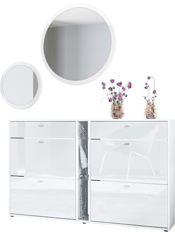 Vladon Ensemble de vestiaire Florence avec Armoire à Chaussures et 2 miroirs muraux, Fabriqué en Allemagne, Blanc Mat/Blanc Haute Brillance