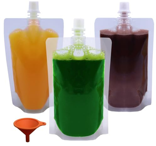 Yelinosk 20Pack Clear Drink Pouches 380ml with caps and Funnel for Festivals,Leak Proof Alcohol Juice Liquid Pouches Bags, Beverage Bags, Plastic Hip Flask for Parties, Picnic, Travel, Sports