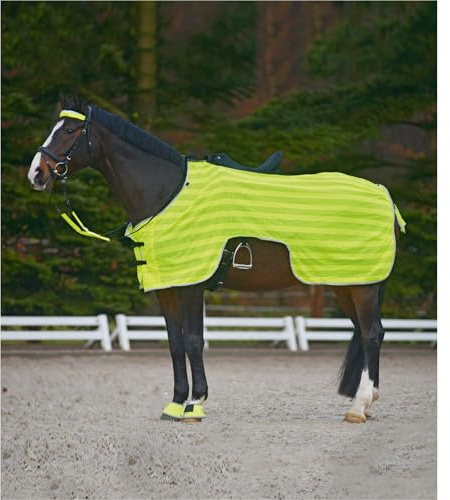 Marengos – Ausreitdecke Reflex – Pferdedecke mit Sattelausschnitt – stark reflektierend & mit Silber-Leuchtstreifen – Outdoordecke für Pferde – Pferde Zubehör in Neongelb – 145cm