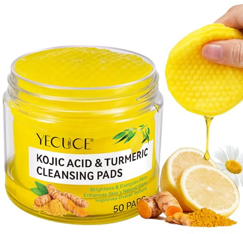 Kojisäure und Kurkuma Reinigungspads, 50 Stück Peeling Gesichtspads, Reinigungs Baumwolle, Aknenarben, verstopfte Poren mit Kamille, Zitrone, Kurkuma, Peeling Pads für das