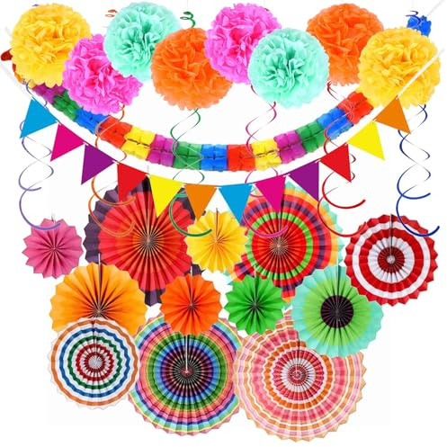 28 Piezas Abanicos de Papel Bola de Nido Pom Poms, Decoración de Fiestas - Kit de Adornos Coloridos para Celebraciones decoración de cumpleaños, Carnaval, Bodas y más