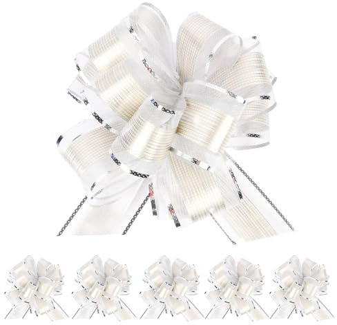 HOTUT Große Geschenkschleife, 6 Stück Geschenk Schleife mit Geschenkbänder, Ziehschleife ø 16 cm Dekoschleifen für Auto Dekor geschenkdekoration Hochzeit Geburtstag Weihnachten - Silber