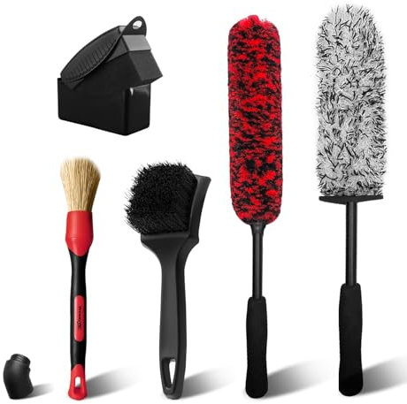 YeewayVeh Car Wheel Brush Kit, 5PCS Bendable Wheel Cleaning Brush and Microfiber Rim Cleaner Brush, Tire Dressing Applicator and Car Detailing Brush for Wheel Care and Cleaning Kit, Red