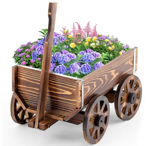 Beeveer Wooden Wagon Flower Planter Cart Garden Planter Box with Wagon Wheels Cart for Home Garden Outdoor Balcony Decorative, Patio Flowers Herbs Vegetables, Brown 34 x 23.5(Small Classic)