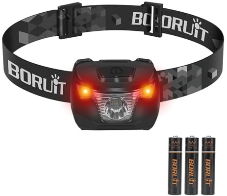 BORUIT BR01 Linterna Frontal LED con Luz Roja y Blanca, Linterna de Cabeza con Pilas AAA, 4 Modos, IP66 Impermeable, Luz Frontal Ajustable para Running, Camping, Pesca y Emergencia