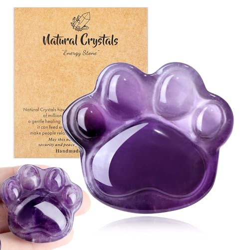 QINJIEJIE Amethyst Crystal Cat Crystals Gifts for Cat Lovers Healing Crystals Cat Paw Pocket-Sized Worry Stone Anxiety Relief Purple Pet Memorial Gifts for Women 1.5