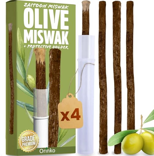 ORINKO® Miswak D'olivo x4 - Spazzolino Naturale per Denti - Bastoncini Sbiancanti Ecologici - Cura Dentale Tradizionale Araba - Pulizia Profonda e Freschezza Naturale