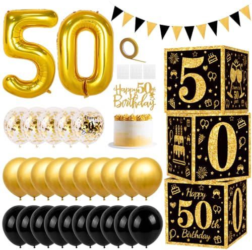 Palloncini Compleanno Neri e Oro, Kit Ghirlanda Palloncini Neri Oro con 3 Pcs Scatole Decorative di Compleanno per Ragazzi, Palloncino Coriandoli Dorati per Decorazioni 50 Anni Compleanno