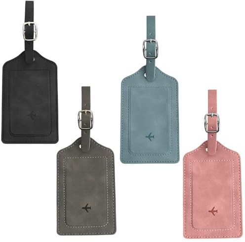 Lot de 4 Etiquette Valise, Étiquette Bagage en Cuir, Etiquette Valise Voyage Avion avec Boucle Réglable, Inscriptible, Accessoire Voyage pour Sacs à dos, Valises, Sacs à Main