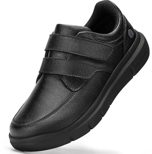 FitVille Men's Extra Wide Walking Shoes, Hook and Loop Comfortable Leather Business Shoes, Orthopedic Diabetic Shoes Dress Sneakers for Edema and Swollen Feet (Wide 11, Jet Black)