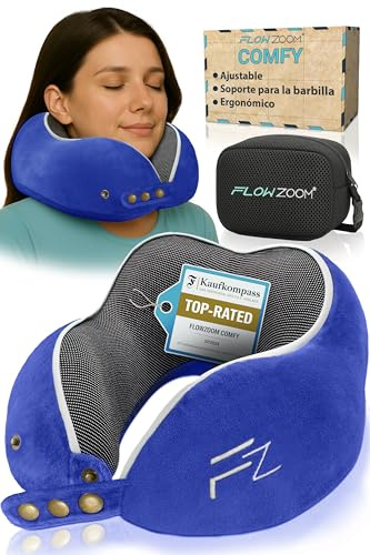 FLOWZOOM Comfy Almohada de Viaje Viscoelástica – Soporte Ajustable 360°, Funda de Felpa Suave y Lavable, con Bolsa Compacta – Cojín de Cuello para Avión, Coche y Tren – Azul Marino