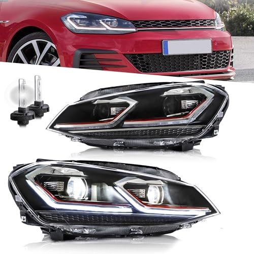 VLAND Faros para Golf 7 Golf MK7 TSI TDI Halógeno 2012-2016 [no para GTI/GTD/Xenon], con intermitente secuencial - Raya roja (con bombillas de xenón D2h)