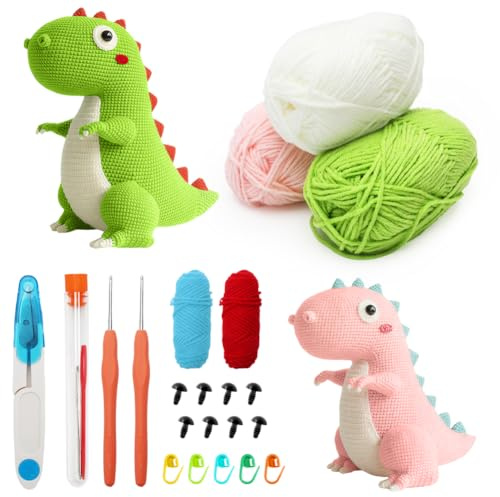 CEWROM Virkningssats för nybörjare, virkningsstartsatser, nybörjare för vuxna och barn, Amigurumi virkningssats djur-steg-för-steg-videohandledning, virkningssats barn, nybörjargarn, Dinosaurier